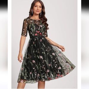 JJs House Elegant Embroidered Floral  Black Dress